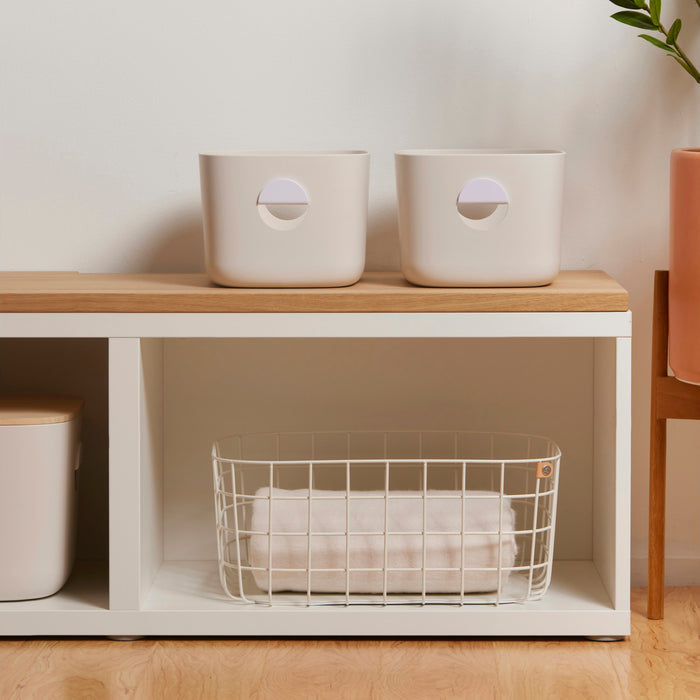 Featuring a minimalist setup, two Medium Storage Bins by Open Spaces serve as multipurpose shelves. Below, a wire basket holds a rolled towel, while a leafy plant in the corner adds natures touch to your pantry.