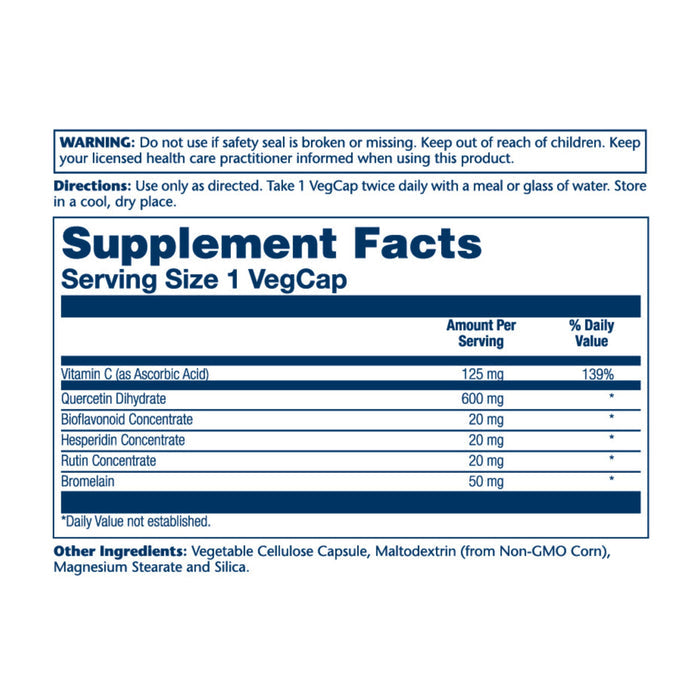 Mega Quercetin by Solaray contains 600mg Quercetin Dihydrate and 300mg Bioflavonoid Complex for immune support, plus 125mg Vitamin C, 125mg Resveratrol, 100mg Rutin, and 50mg Bromelain. Ingredients include vegetable cellulose and maltodextrin. Warning included on the label.