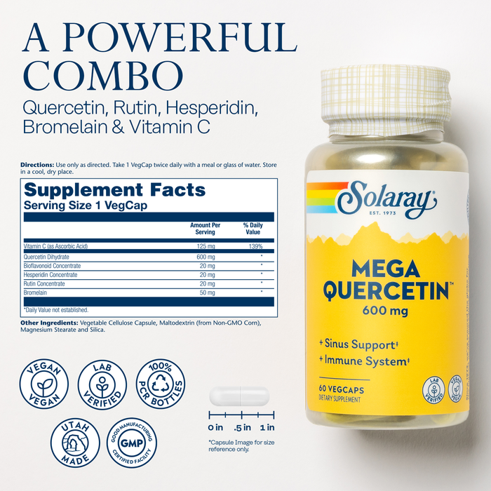 Image of a Solaray Mega Quercetin supplement bottle alongside text highlighting its benefits. The label lists ingredients: Quercetin, Rutin, Hesperidin, Bromelain, and Vitamin C. Icons indicate it's vegan, lab verified, and GMP certified.