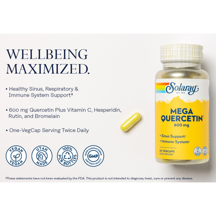 The image shows a Solgaray Mega Quercetin supplement bottle next to a single VegCap capsule. Text highlights benefits: healthy sinus, respiratory, and immune support with quercetin, vitamin C, hesperidin, rutin, and bromelain. Features vegan and GMP icons.
