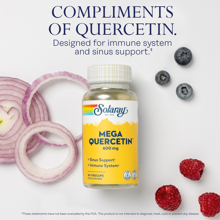 A bottle of Solaray Mega Quercetin 600 mg is placed among sliced red onions, blueberries, and raspberries. The text above reads “Compliments of Quercetin. Designed for immune system and sinus support.” The bottle contains 60 vegcaps.