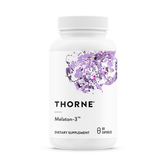 Thorne Melaton-3 dietary supplement, featuring a white label with abstract purple and gray artwork, contains 60 capsules designed to support restful sleep and regulate circadian rhythms.