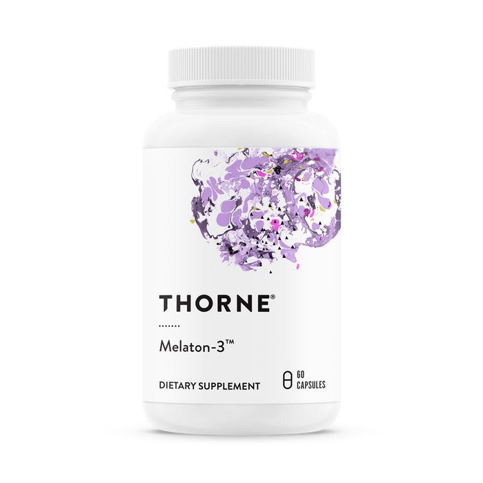 A white bottle of Thornes Melaton-3, featuring an abstract purple design at the top, holds 60 capsules to support restful sleep and healthy circadian rhythms.