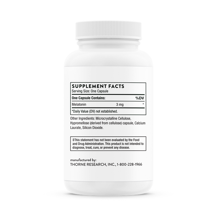 A white bottle labeled with supplement facts features Thornes Melaton-3, known for supporting circadian rhythms and restful sleep. Each capsule contains 3 mg of melatonin and includes an FDA evaluation disclaimer.