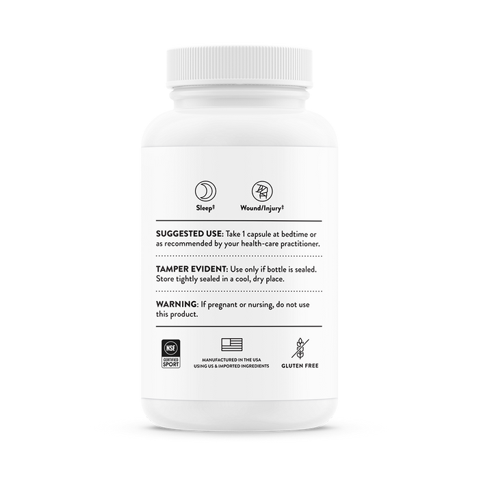 White bottle with a sleep icon and Melaton-3 text by Thorne. Instructions: take 1 capsule at bedtime to support restful sleep. Contains melatonin, NSF certified, gluten-free, made in the USA. Warning for pregnant or nursing individuals.