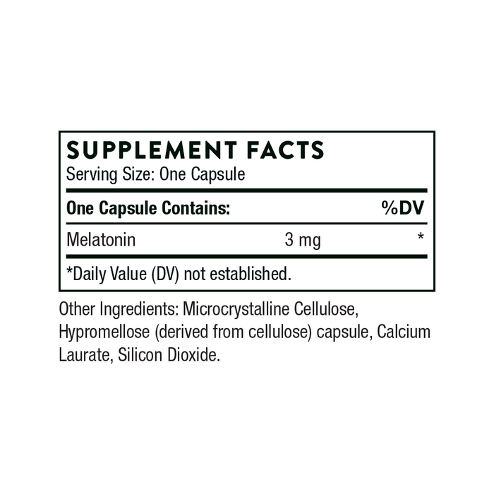 Supplement facts label for a dietary capsule. Contains 3 mg of melatonin, with daily value not established. Other ingredients listed include microcrystalline cellulose, hypromellose, calcium laurate, and silicon dioxide.