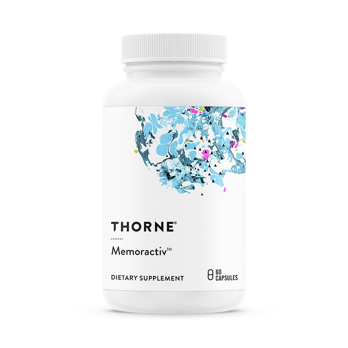 The image shows a Thorne Memoractiv™ dietary supplement bottle, which supports cognitive function. It has an abstract blue and pink design label with the product name in black text and contains 60 capsules for mental focus.