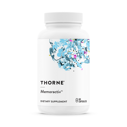 The image shows a Thorne Memoractiv™ dietary supplement bottle, which supports cognitive function. It has an abstract blue and pink design label with the product name in black text and contains 60 capsules for mental focus.
