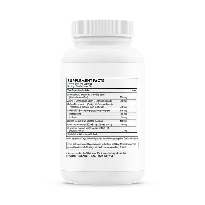 The white Memoractiv™ supplement bottle has a label with supplement facts featuring ingredients like Alpha-GPC and Lutein for cognitive enhancement. The serving size is two capsules, and it’s crafted by Thorne, a brand renowned for its nootropic formulations.
