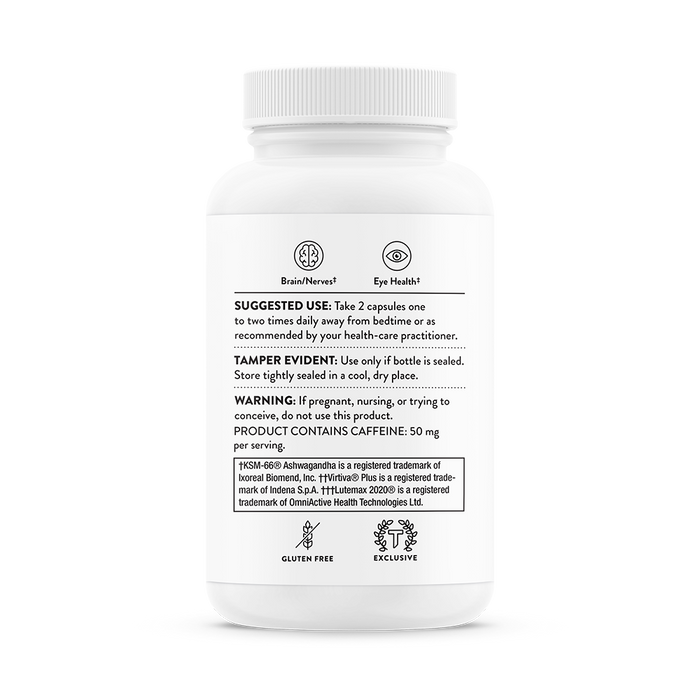 The white Memoractiv™ supplement bottle by Thorne features a label with suggested use, tamper-evident info, and warnings. It includes icons for Brain/Neuro, Eye Health, Gluten Free, and Exclusive. Combining Ashwagandha and caffeine, its a powerful nootropic enhancing cognitive function.