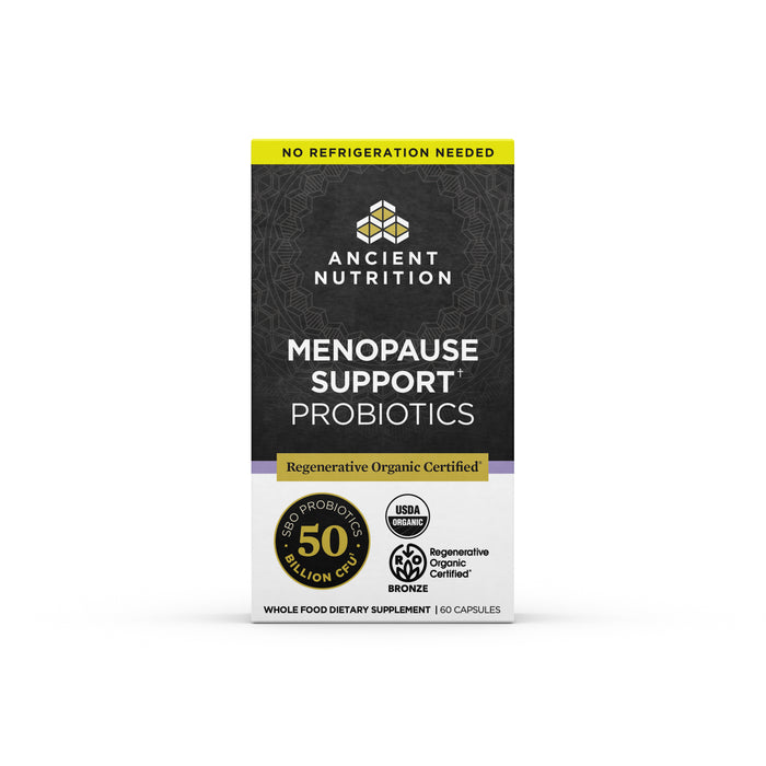 The ROC - Menopause Support Probiotics by Ancient Nutrition offer 50 billion CFUs and 60 capsules, featuring No Refrigeration Needed. Certified USDA Organic and Regenerative Organic, they are tailored for womens balanced well-being.