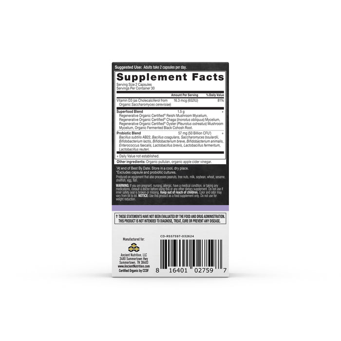 The image features the back of the ROC - Menopause Support Probiotics bottle by Ancient Nutrition, displaying supplement facts and ingredients like probiotics for women, along with nutrients, vitamins, and usage instructions. A barcode and manufacturing details are located at the bottom.