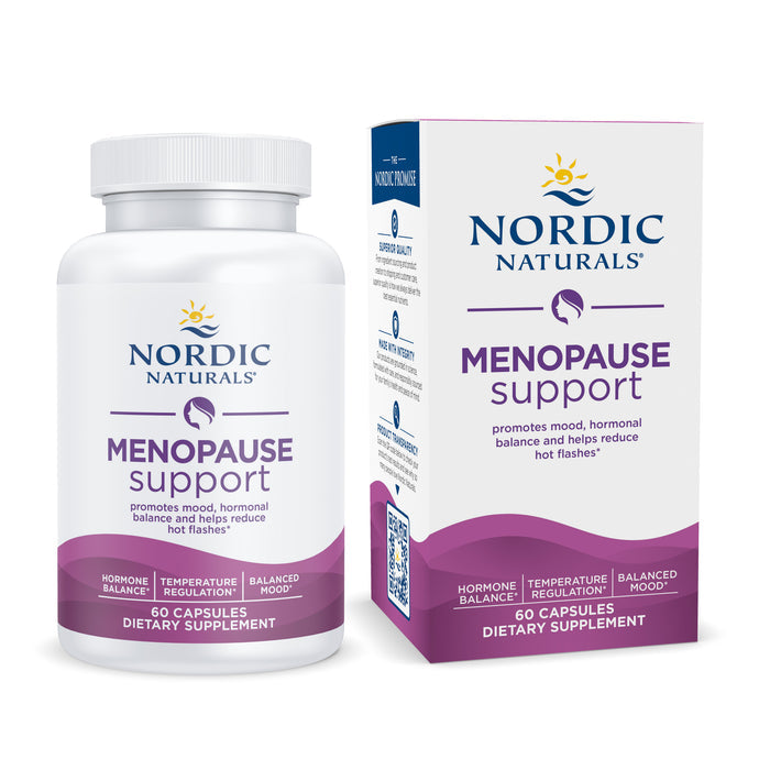 Nordic Naturals Menopause Support features a white and purple design on its bottle and box, showcasing benefits like hormonal balance, hot flashes relief, temperature regulation, and mood balance. Contains 60 capsules for comprehensive menopause support.