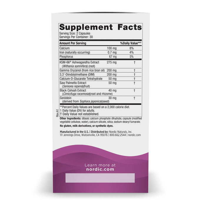 Image of a supplement facts label for Nordic Naturals Menopause Support, featuring ingredients like Ashwagandha Extract, Calcium, Dimethylaminoethanol, and Bacopa Extract. Includes daily values and serving sizes. Visit nordic.com for more info. Ideal for those seeking menopause support.