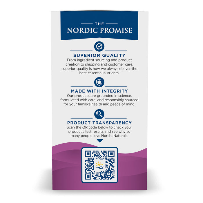 A promotional standee titled The Nordic Promise by Nordic Naturals includes sections on Superior Quality, Made with Integrity, and Product Transparency. It spotlights Menopause Support for hormonal balance and has a QR code at the bottom on a purple wave design base.