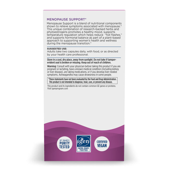Back of a Nordic Naturals Menopause Support supplement box. Contains product description, suggested use, storage instructions, and a warning. Designed to support hormonal balance and ease hot flashes. Includes logos for 3rd Party Purity Tested, Non-GMO Tested, and Certified Vegan certifications.