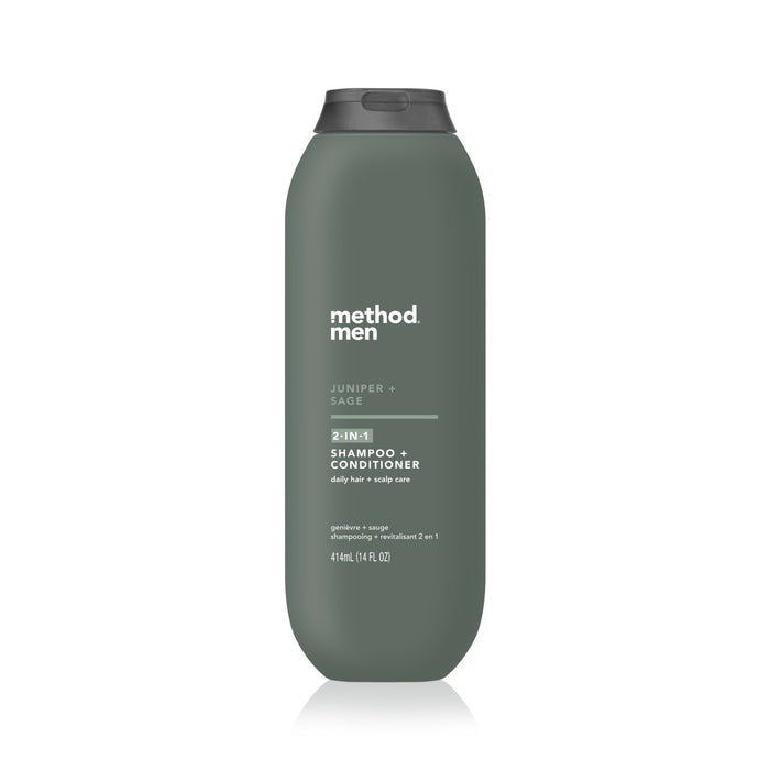 A green bottle of method Mens 2-in-1 Shampoo + Conditioner, infused with argan oil, labeled Juniper + Sage for daily hair and scalp care. This 414 mL (14 fl oz) product has a sleek design and convenient black cap on top.