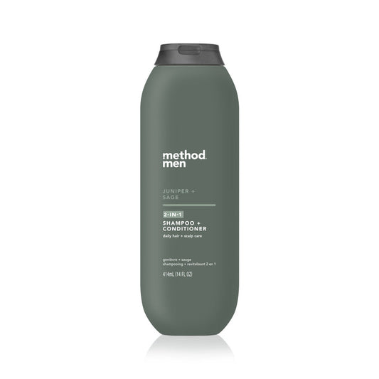 A green bottle of method Mens 2-in-1 Shampoo + Conditioner, infused with argan oil, labeled Juniper + Sage for daily hair and scalp care. This 414 mL (14 fl oz) product has a sleek design and convenient black cap on top.