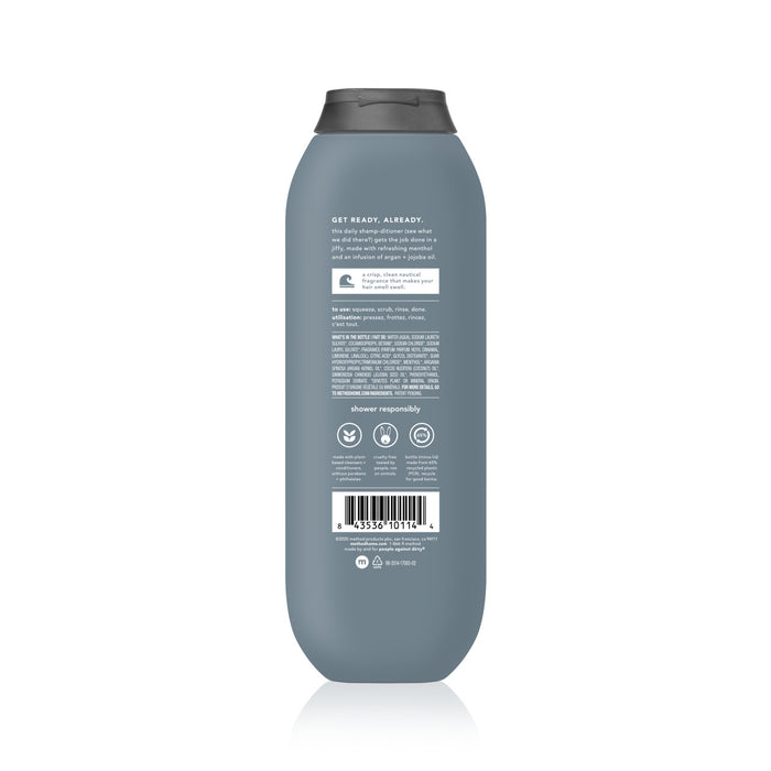 Back view of a sleek, gray Method Mens 2-in-1 Shampoo + Conditioner bottle with a flip cap, featuring white text showcasing product details and a barcode. The rounded plastic design hints at luxurious nourishing ingredients like argan oil.