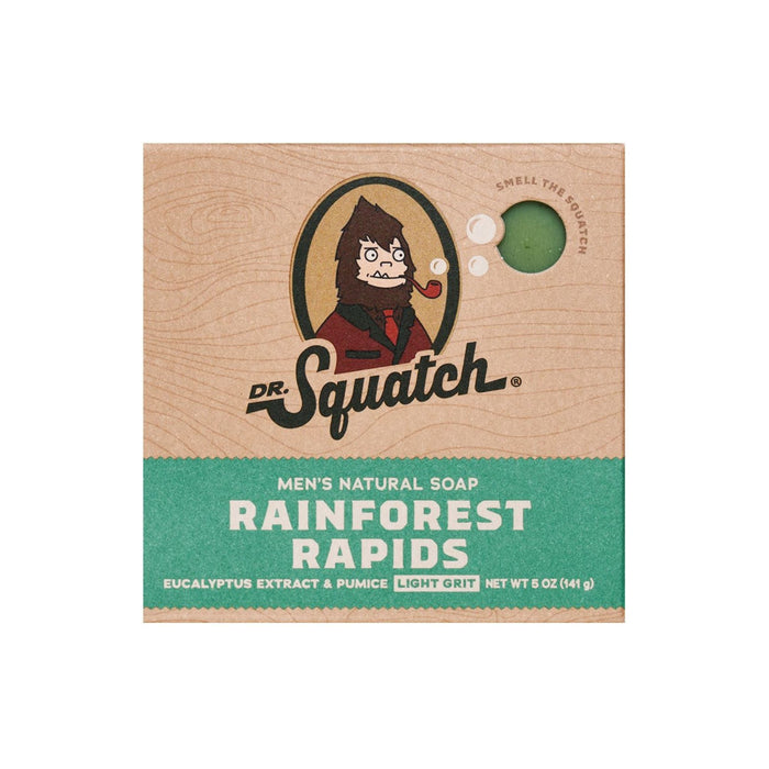 Dr. Squatch Mens Bar Soap, Rainforest Rapids scent, comes in a green and brown box with a cartoon man, highlights eucalyptus extract and pumice with light grit, includes a scratch-and-sniff area resembling Fresh Falls, and weighs 5 oz (141 g).
