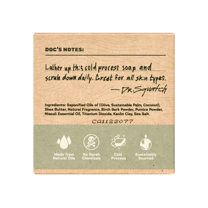 Close-up of Dr. Squatch Mens Bar Soap packaging in Fresh Falls scent, highlighting skin type details and features like Made from Natural Oils, No Harsh Chemicals, Cold Process, and Sustainably Sourced.
