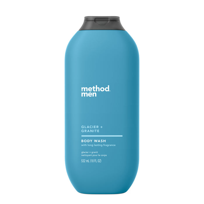 Discover the sleek blue bottle of method Mens Body Wash in Glacier + Granite, featuring a black cap. This 532 ml (18 fl oz) personal-care product delivers a long-lasting fragrance and is crafted with naturally derived soaps to enhance your daily routine.