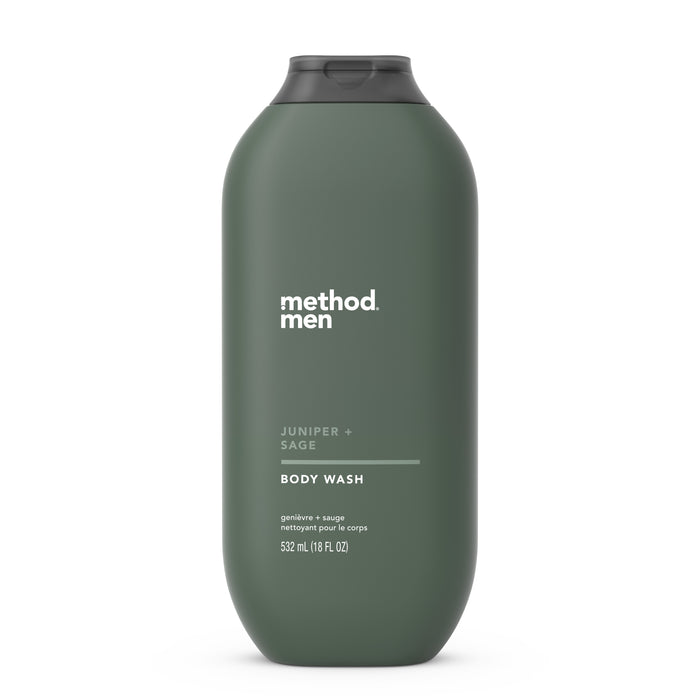 A green bottle of method Mens Body Wash features Method Men Juniper + Sage Body Wash with a black cap, indicates 532 mL (18 fl oz), and offers a naturally derived formula as part of premium personal-care products for a refreshing cleanse.