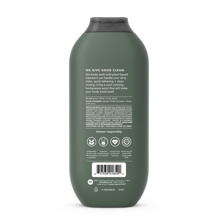 A bottle of method Mens Body Wash features a dark green container with a black cap. The label, in white text, showcases naturally derived soaps. Icons emphasize its eco-friendly and cruelty-free nature, distinguishing it among personal-care products.