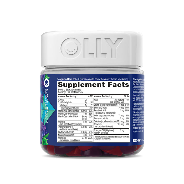 A jar of Mens Multi OLLY gummies features a white lid with the brand name and a blue label displaying nutrition facts. The red blackberry-flavored gummies inside are specially formulated for men and offer essential vitamins for a tasty wellness boost.