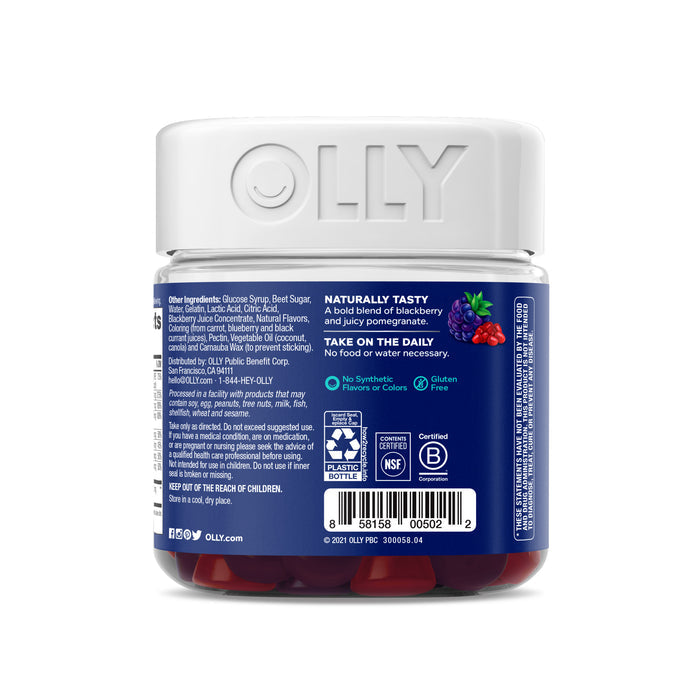 A close-up of an OLLY Mens Multi gummy supplement bottle on a white background showcases the label listing vitamins and ingredients like blackberry and jujube, featuring CoQ10, gluten-free qualities, and natural flavors. The white lid features a smiley face.