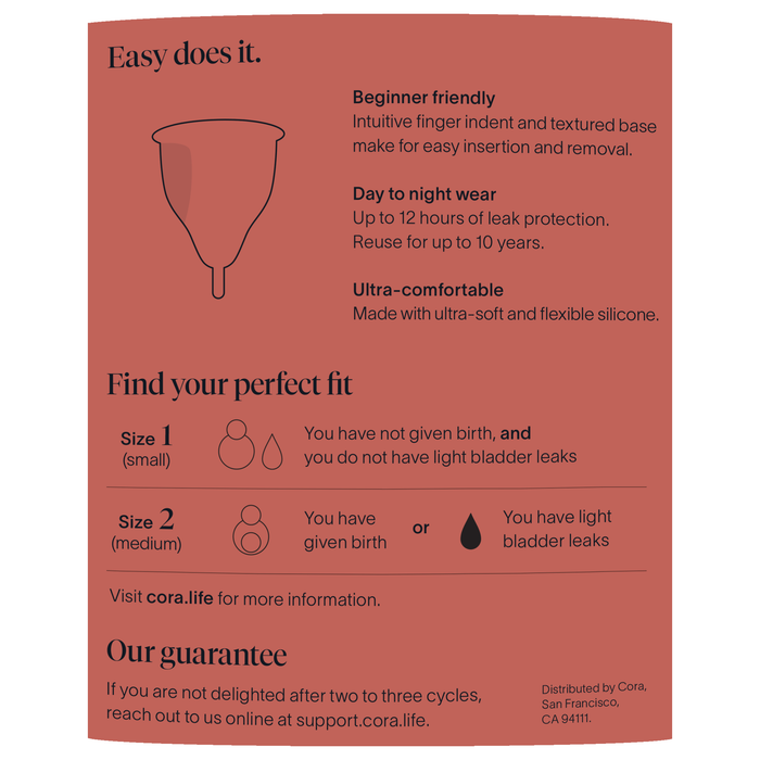 The Cora Menstrual Cup packaging illustration highlights features like beginner-friendly use, day-to-night wear, and ultra-comfortable material. It includes a sizing guide for sizes 1 and 2 and features contact info at the bottom, emphasizing eco-friendly period care.