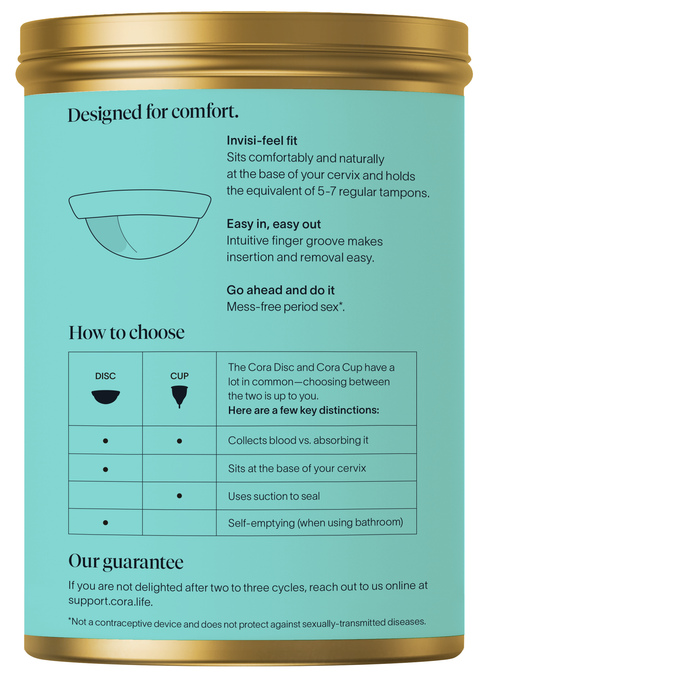 The Cora Menstrual Disc comes in a teal cylindrical container with a gold lid, offering leak-free protection, comfort, ease of use, a comparison guide between the disc and cup, an illustration of the reusable disc, and a guarantee.