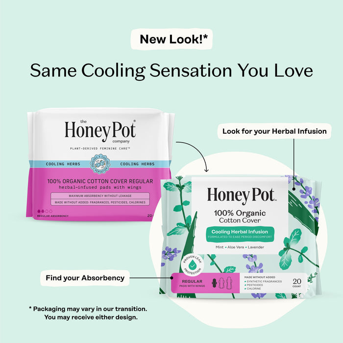 Two The Honey Pot Company packages—old and new designs for 100% Organic Cotton Cover Regular Menstrual Pads - Herbal-Infused—are shown. Arrows highlight the updated look, reassuring the same trusted quality and features.