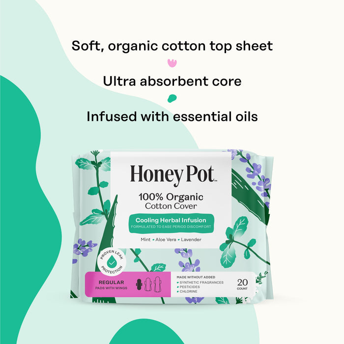 The Honeypot Company 100% Organic Cotton Cover Regular Menstrual Pads - Herbal-Infused, shown with leaves and flowers. Features soft organic cotton, ultra-absorbent core, and pads infused with essential oils for cooling comfort.