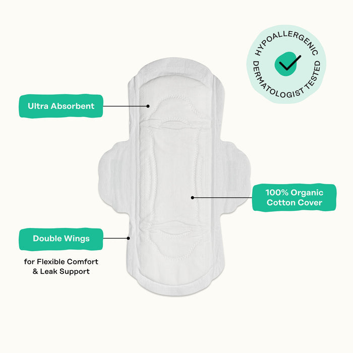 The Honeypot Company 100% Organic Cotton Cover Regular Menstrual Pads – Herbal-Infused feature ultra absorbency, double wings for comfort & leak protection, and are hypoallergenic, dermatologist tested, with a premium organic cotton cover.