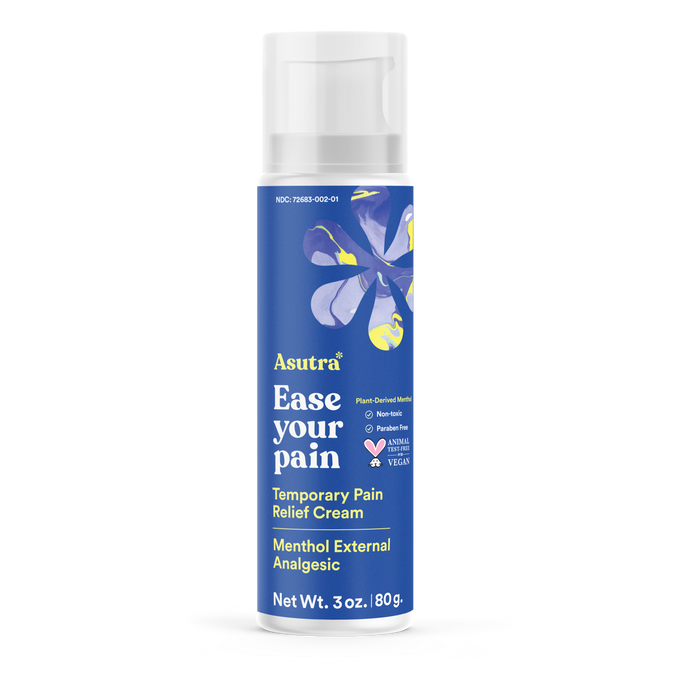 A 3 oz. tube of Asutra Menthol Arnica Ease Your Pain Cream has a blue label with a yellow flower graphic. This anti-inflammatory, plant-based formula is non-sticky, paraben-free, vegan, and cruelty-free for effective pain relief.