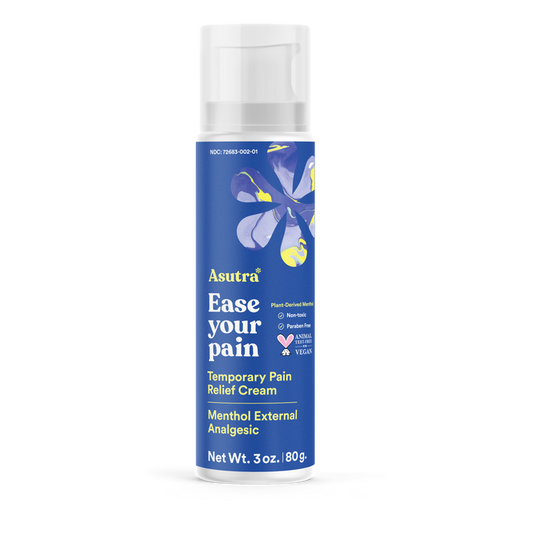 A 3 oz. tube of Asutra Menthol Arnica Ease Your Pain Cream has a blue label with a yellow flower graphic. This anti-inflammatory, plant-based formula is non-sticky, paraben-free, vegan, and cruelty-free for effective pain relief.