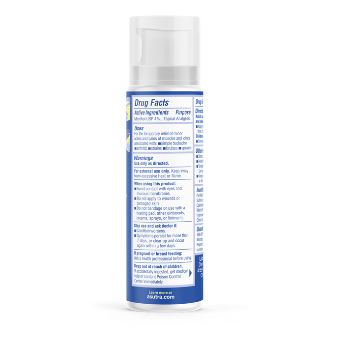 The image shows a blue and white bottle of Asutras Menthol Arnica Ease Your Pain Cream with a pump dispenser. The label includes drug facts, anti-inflammatory active ingredients, usage instructions, pain relief warnings, and the Asutra website at the bottom.