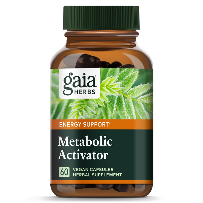 A brown bottle labeled Metabolic Activator LP Caps by Gaia Herbs features green leaves and a green cap. It contains 60 vegan herbal capsules to support healthy blood sugar metabolism.