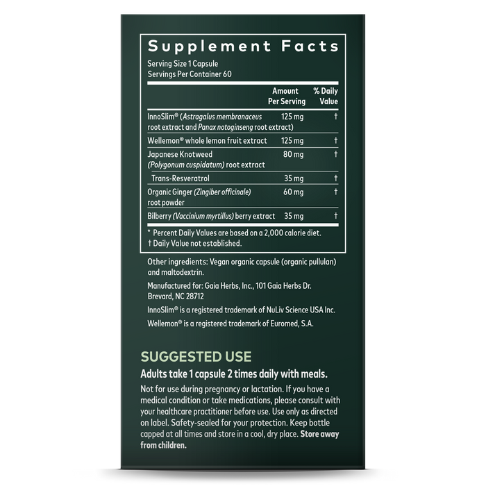 The Metabolic Activator LP Caps from Gaia Herbs features a supplement facts label detailing ingredients like InnoSlim, Wellmune, and Japanese Knotweed with amounts and daily values. Use it as a dietary supplement for healthy blood sugar metabolism care, following suggested use and manufacturer information advised by your healthcare practitioner.