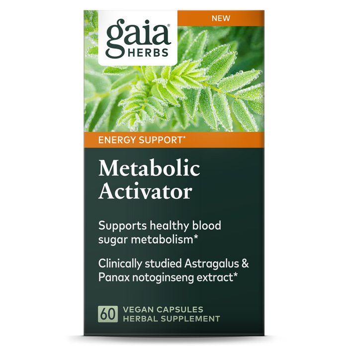 Box of Metabolic Activator LP Caps by Gaia Herbs, a dietary supplement for energy support, promotes healthy blood sugar metabolism with Astragalus and Panax notoginseng extract. Contains 60 vegan capsules; consult your healthcare practitioner for insights.