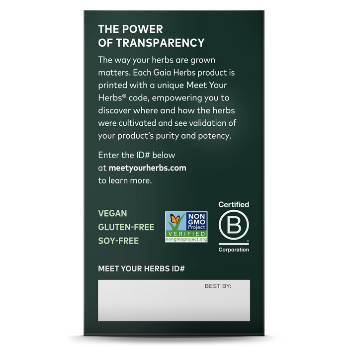 Metabolic Activator LP Caps by Gaia Herbs highlights herb transparency and quality with the Meet Your Herbs program. This vegan, gluten-free, soy-free supplement supports healthy blood sugar metabolism and proudly bears the Non-GMO Project Verified and Certified B Corporation logos.