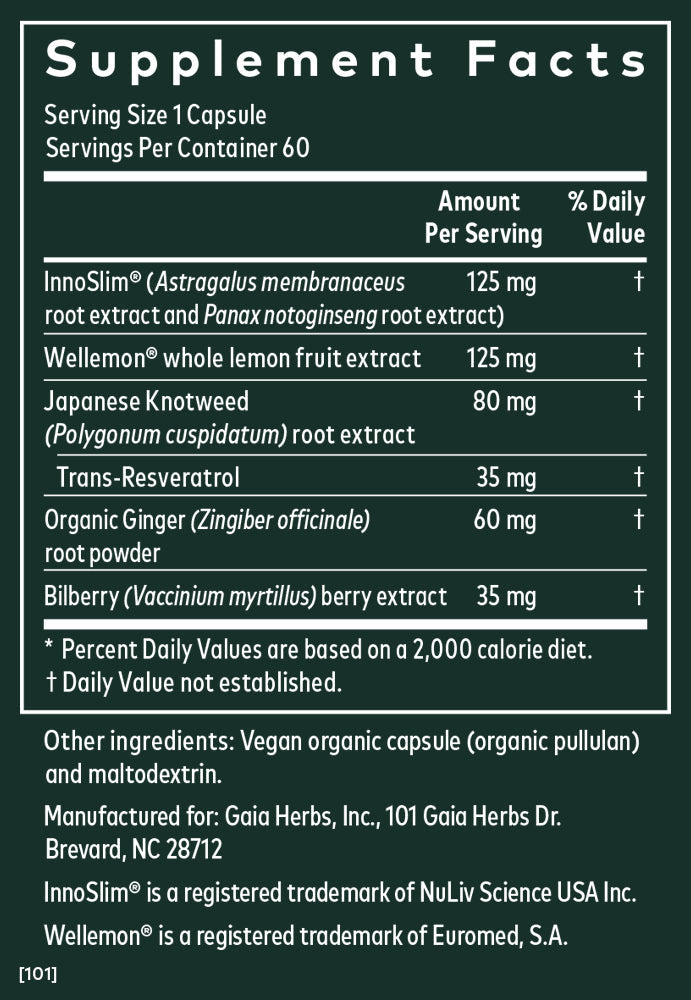 Against a dark green backdrop, the Supplement Facts label for Gaia Herbs Metabolic Activator LP Caps lists ingredients like InnoSlim®, Wellemon®, and Japanese Knotweed, all targeting healthy blood sugar metabolism. Footnotes cover manufacturing details and trademarks, perfect for healthcare consultation.