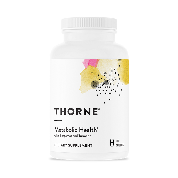 A white bottle of Thornes Metabolic Health dietary supplement has 120 capsules. The label features abstract watercolor designs in pink, yellow, and black, emphasizing ingredients such as bergamot and curcumin for enhanced well-being.
