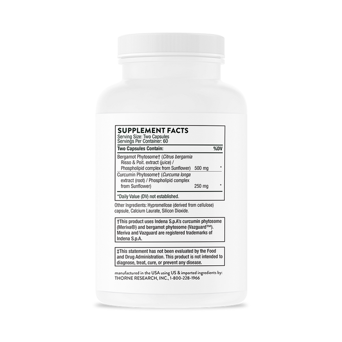 The Metabolic Health supplement bottle by Thorne is white with a label detailing ingredients like bergamot phytosome, phosphatidylcholine, phosphatidylserine complex, and curcumin for enhanced metabolic health. It also includes other ingredients and an FDA disclaimer.