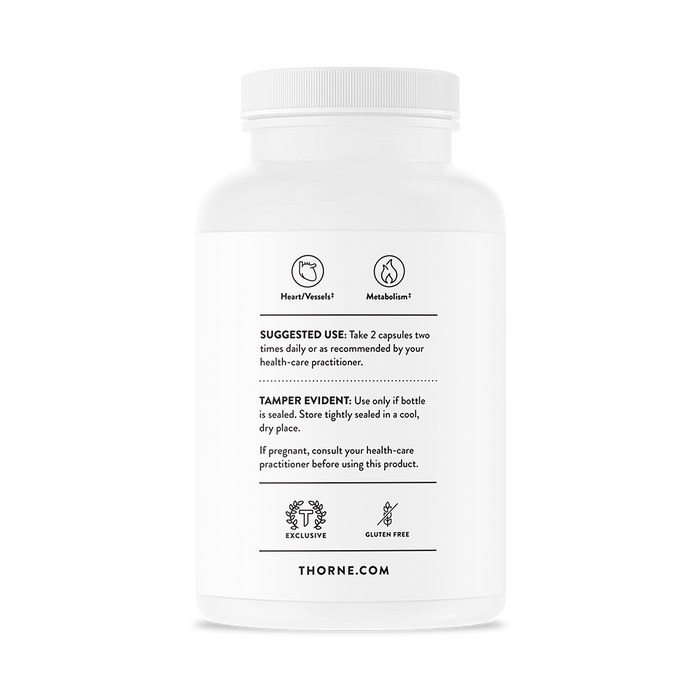 A white Metabolic Health bottle by Thorne is labeled gluten-free and exclusive to Thorne.com. It features icons for Heart/Vessels and Metabolic Health, includes bergamot as a key ingredient, and notes suggested use, tamper evidence details, and disclaimers.