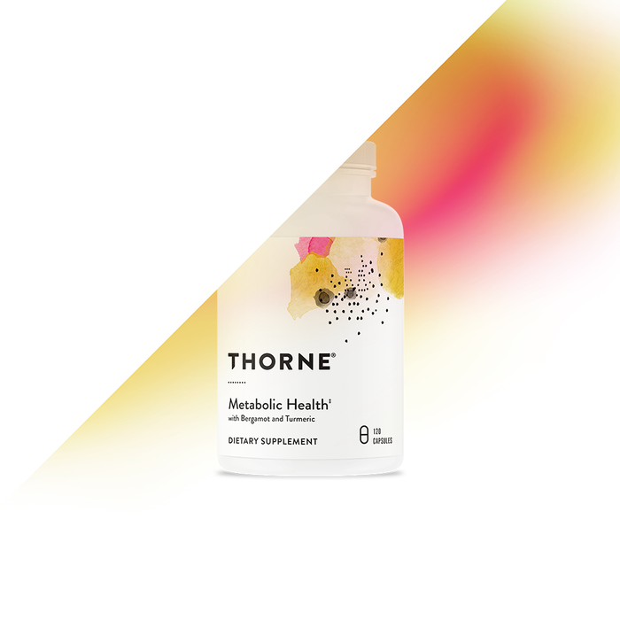 Thornes Metabolic Health dietary supplement bottle features a minimalist design with abstract yellow and pink shapes, set against a warm color gradient, blending sophistication with the promise of enhanced wellness.