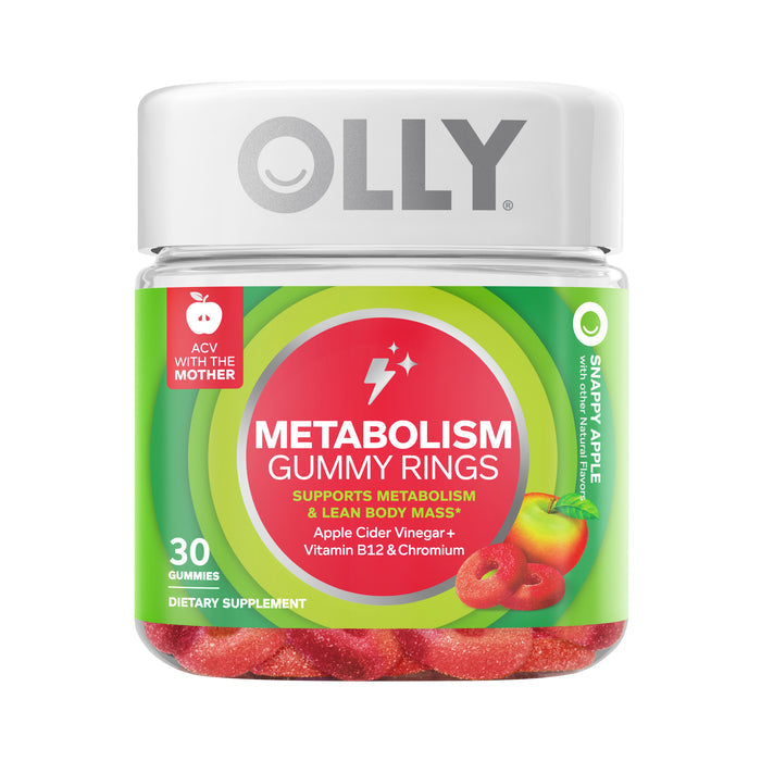 A container of OLLY Metabolism Gummy Rings is shown, highlighting apple cider vinegar and vitamin B12. The label features apples, mentions metabolism support and lean body mass, and includes 30 gummies designed to boost vitality.