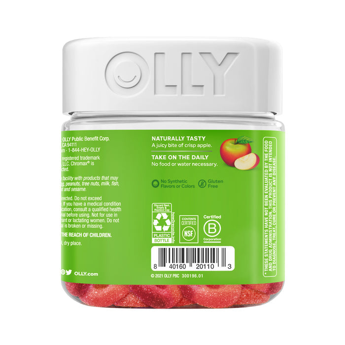 A clear plastic jar with a white lid labeled OLLY contains red Metabolism Gummy Rings. The green label on the back highlights Naturally Tasty, gluten-free, infused with Apple Cider Vinegar and Vitamin B12 to boost metabolism, and features an apple image.