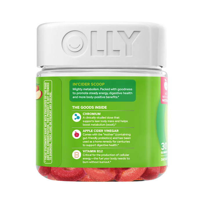 The Metabolism Gummy Rings by OLLY are red gummies in a clear plastic jar with a white lid. The green label emphasizes metabolism support, highlighting ingredients like apple cider vinegar and chromium, along with vitamin B12.